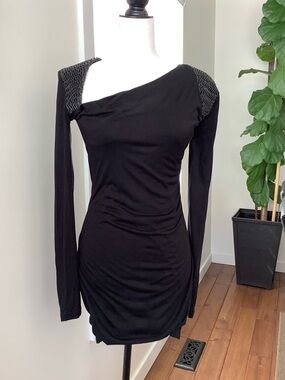 G.O.D.D Black Asymmetric Long-Sleeve Ruched Dress Sz M, NEW, made in Turkey 🇹🇷